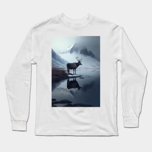 Nordic Winter Reflection Reindeer in a Mountain Valley Art Print Long Sleeve T-Shirt